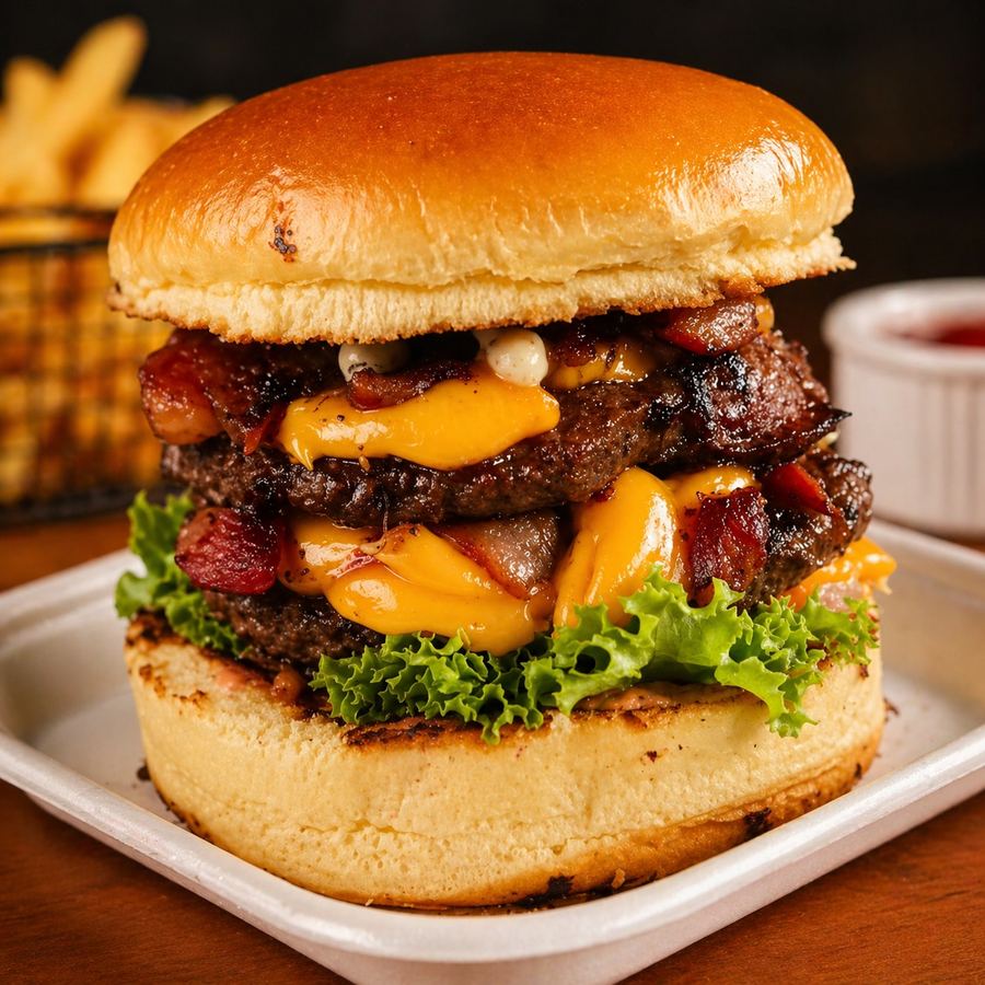 Hamburguer Artesanal Duplo Cheddar Bacon